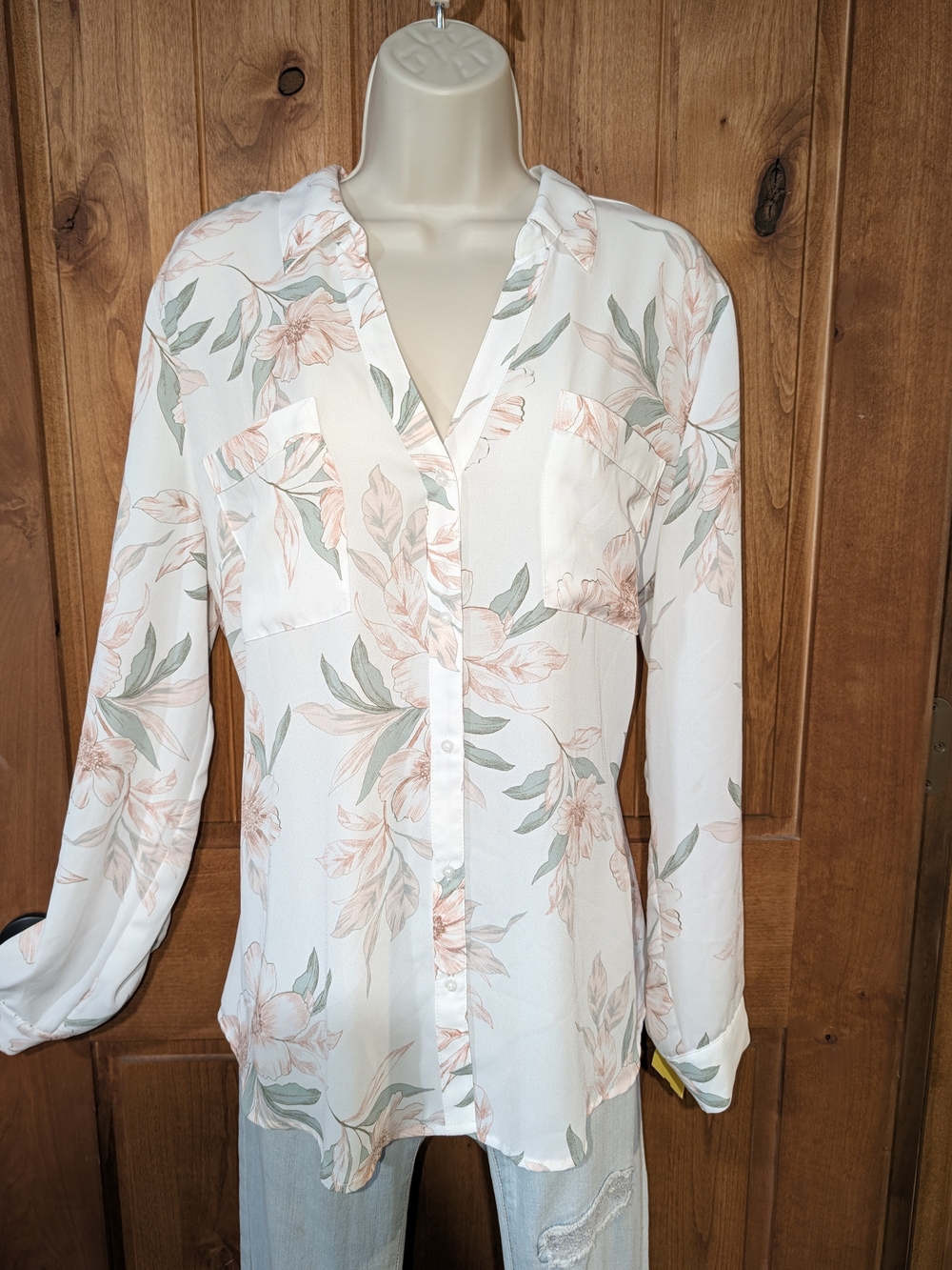 Candie's White Button-Front Floral Blouse with Peach & Sage Accents
